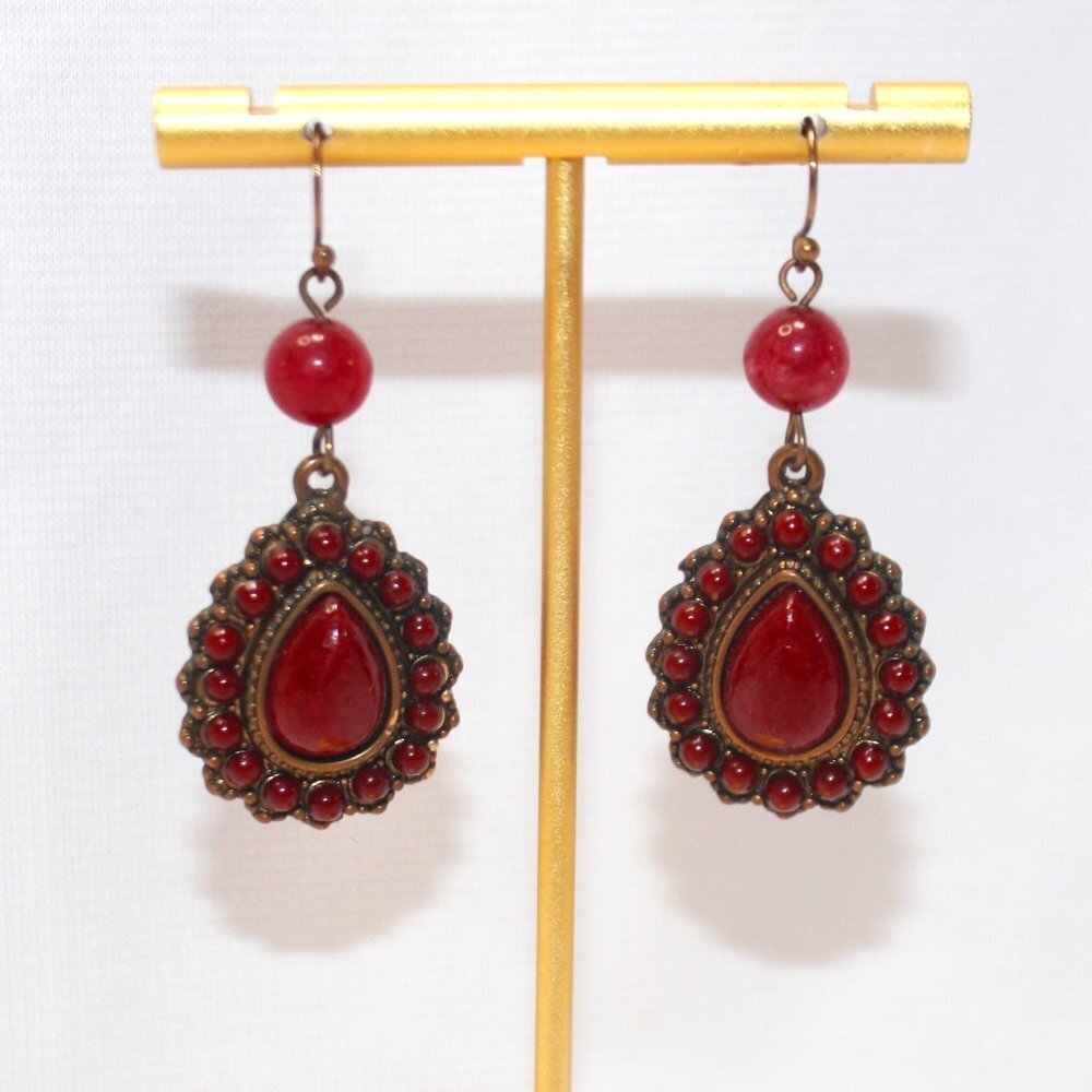 Burgundy Teardrop Vintage Style Enamel Dangle Earrings